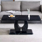 Table basse 43W, Motif marbre/Texture bois, Minimaliste, Blanc/Noir/Noyer - ModernLuxe
