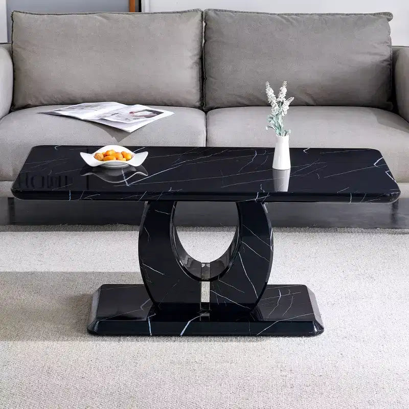 Table basse 43W, Motif marbre/Texture bois, Minimaliste, Blanc/Noir/Noyer - ModernLuxe