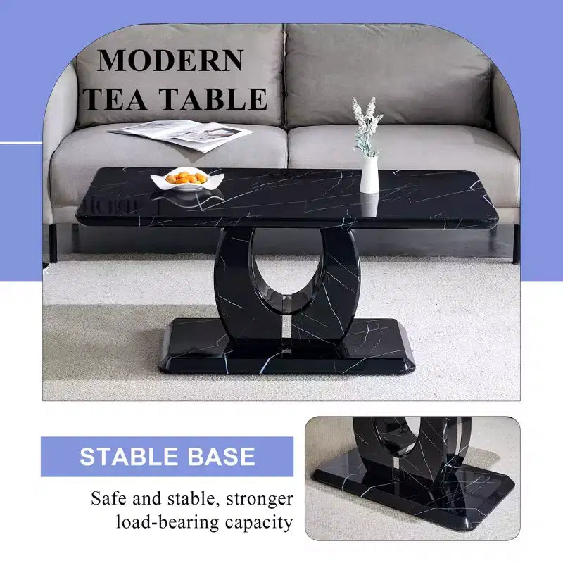 Table basse 43W, Motif marbre/Texture bois, Minimaliste, Blanc/Noir/Noyer - ModernLuxe