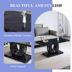 Table basse 43W, Motif marbre/Texture bois, Minimaliste, Blanc/Noir/Noyer - ModernLuxe