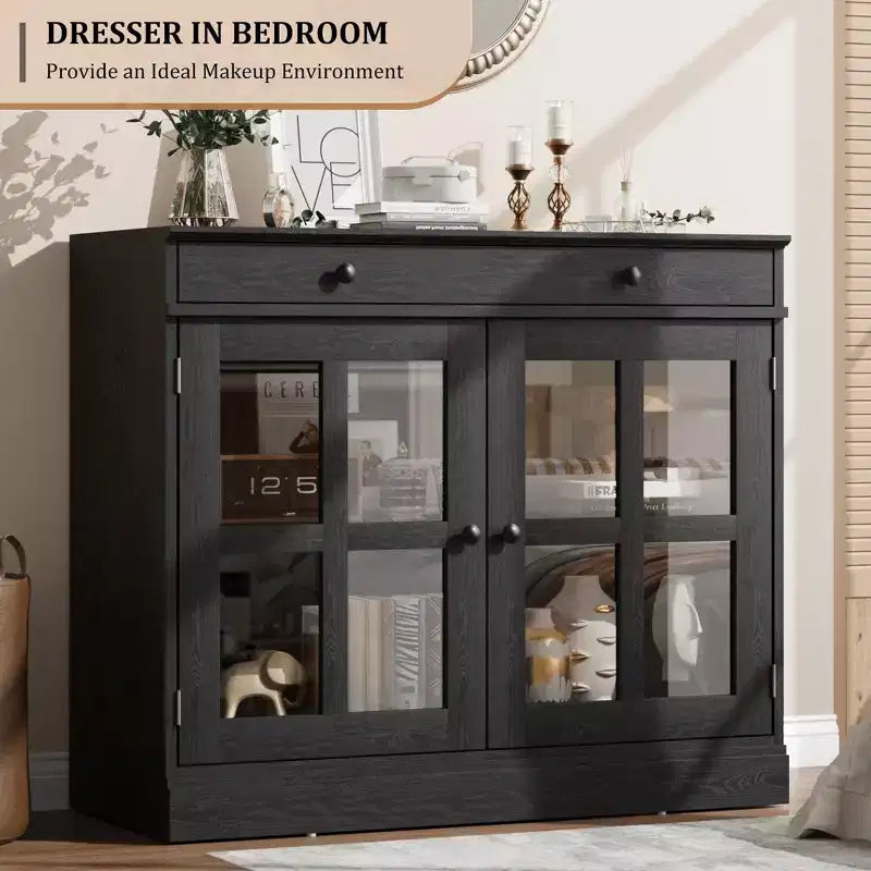 35.4 Armoires de buffet avec rangement, buffet de cuisine avec porte vitrée, buffet moderne avec tiroir, armoire de buffet blanche