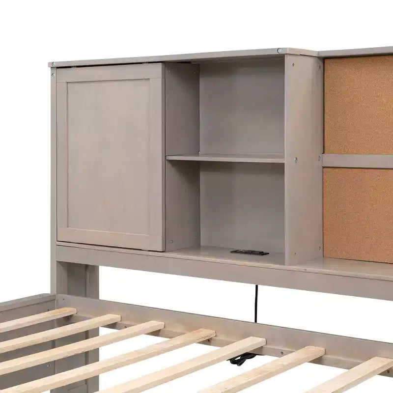 Lit de repos double avec étagères de rangement, tableau en liège, ports USB et 3 tiroirs - ModernLuxe