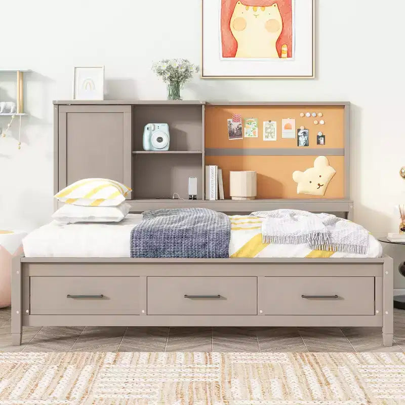 Lit de repos double avec étagères de rangement, tableau en liège, ports USB et 3 tiroirs - ModernLuxe