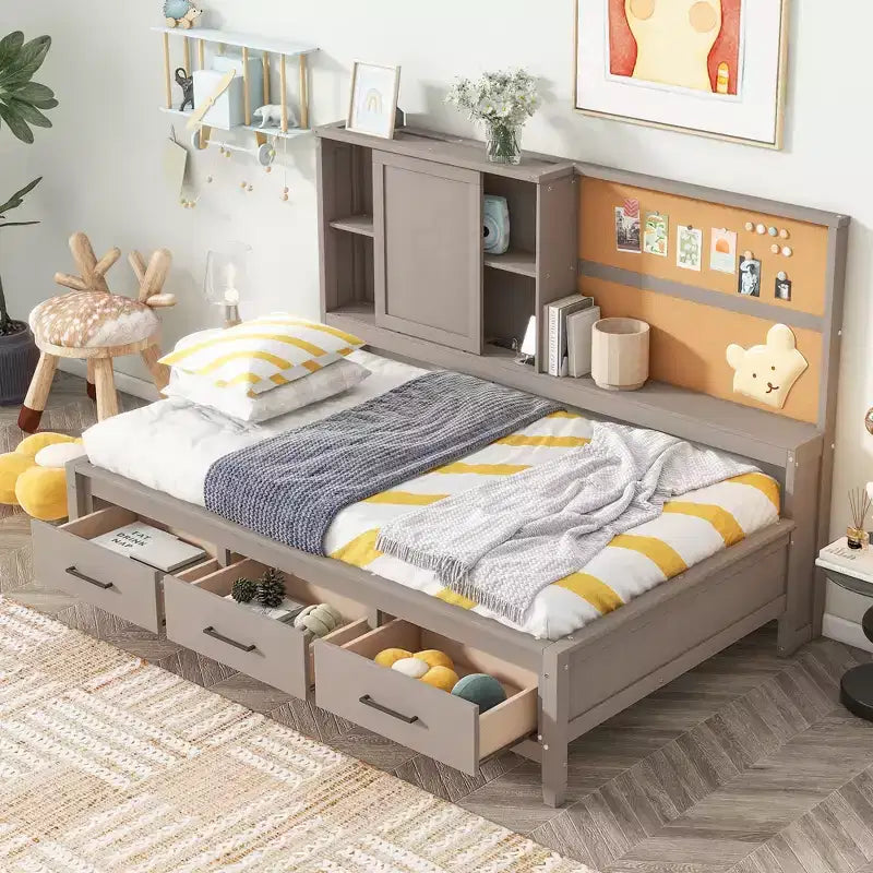 Lit de repos double avec étagères de rangement, tableau en liège, ports USB et 3 tiroirs - ModernLuxe