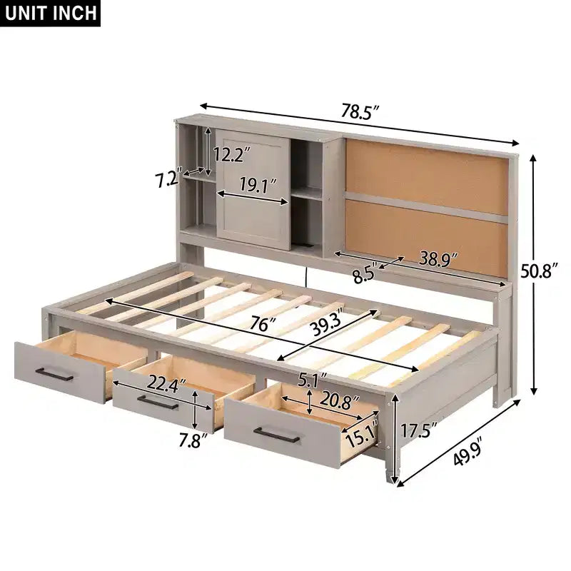 Lit de repos double avec étagères de rangement, tableau en liège, ports USB et 3 tiroirs - ModernLuxe