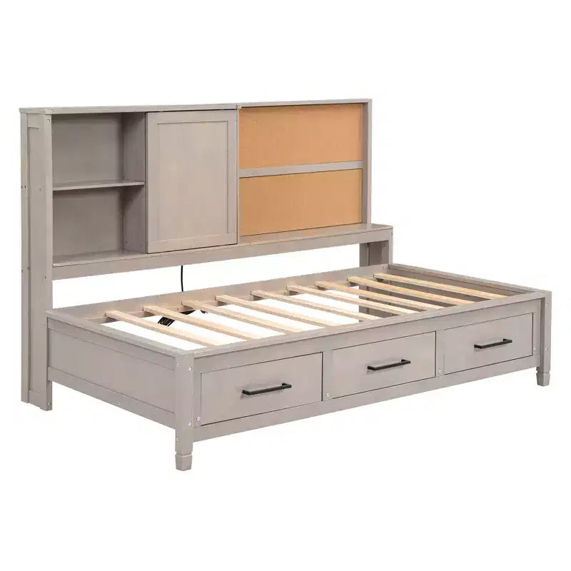 Lit de repos double avec étagères de rangement, tableau en liège, ports USB et 3 tiroirs - ModernLuxe
