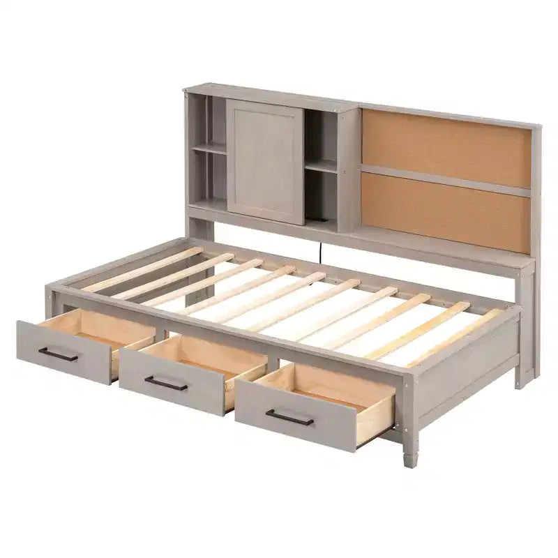 Lit de repos double avec étagères de rangement, tableau en liège, ports USB et 3 tiroirs - ModernLuxe