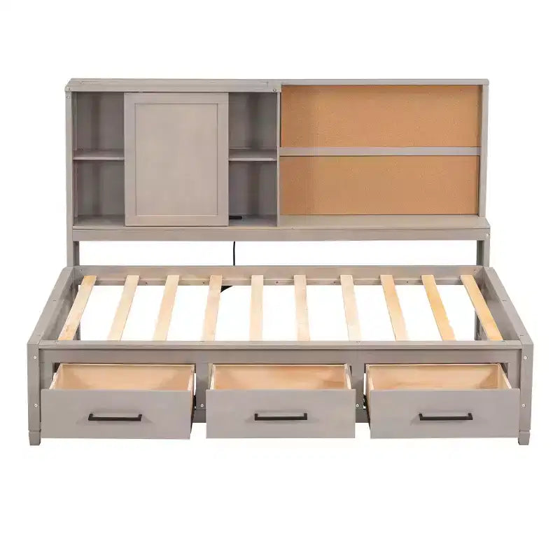 Lit de repos double avec étagères de rangement, tableau en liège, ports USB et 3 tiroirs - ModernLuxe