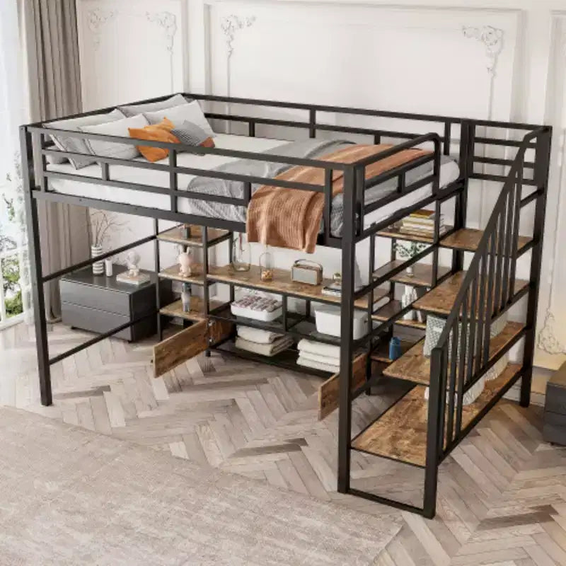 Full Size Metal Loft Bed with Staircase,Low Storage Table and Storage Shelves,Black