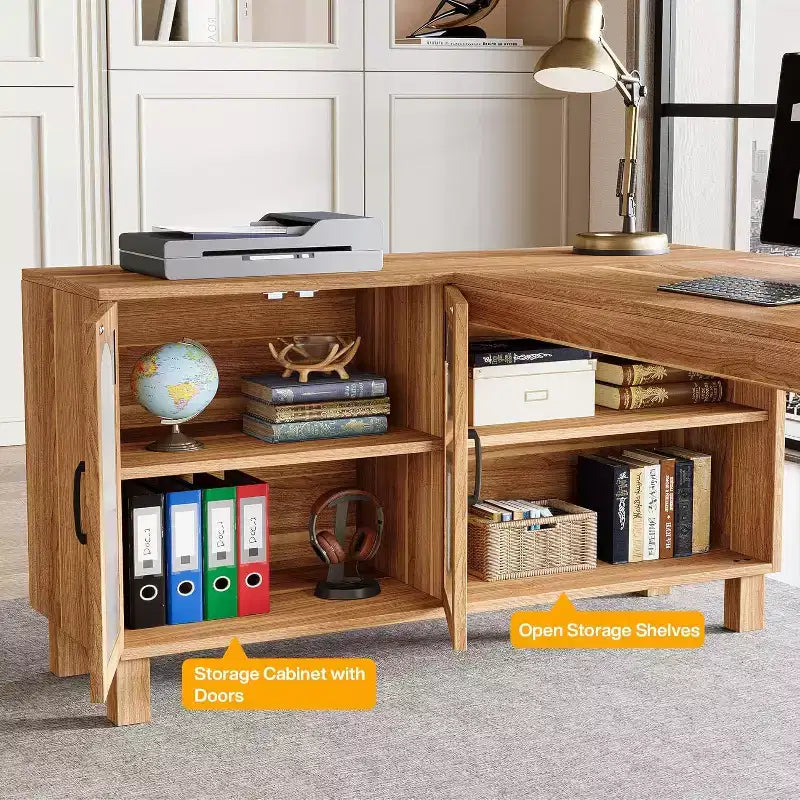 Tribesigns Bureau d'angle en L de 150 cm, bureau de direction avec armoire, poste de travail de bureau d'angle, marron