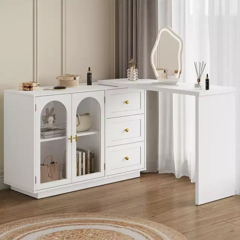 Coiffeuse de maquillage Heynemo, coiffeuse d'angle extensible avec 3 tiroirs et 2 portes, table de maquillage moderne pour chambre à coucher