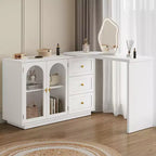 Coiffeuse de maquillage Heynemo, coiffeuse d'angle extensible avec 3 tiroirs et 2 portes, table de maquillage moderne pour chambre à coucher