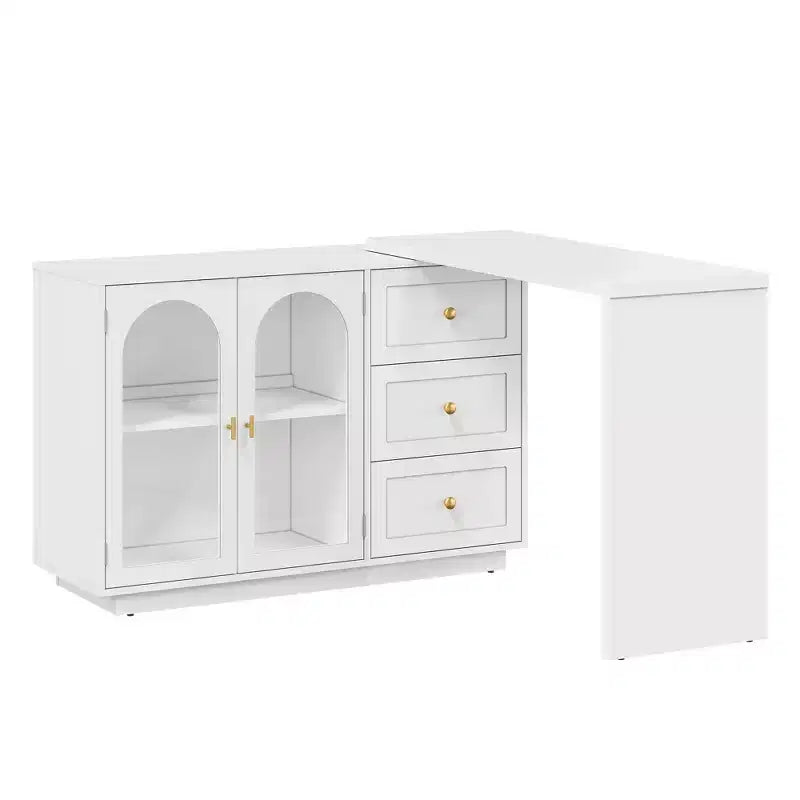 Coiffeuse de maquillage Heynemo, coiffeuse d'angle extensible avec 3 tiroirs et 2 portes, table de maquillage moderne pour chambre à coucher