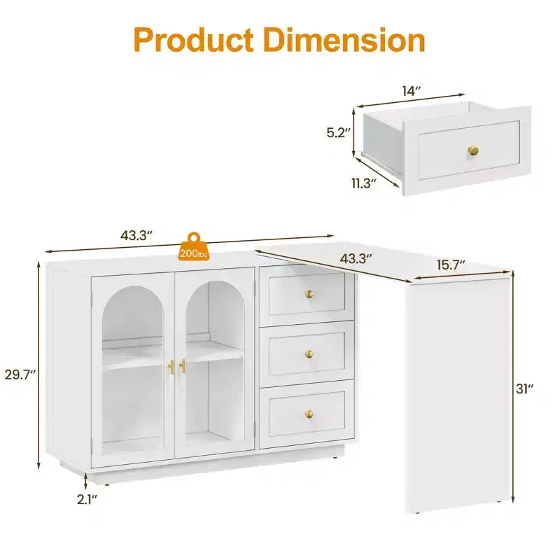 Coiffeuse de maquillage Heynemo, coiffeuse d'angle extensible avec 3 tiroirs et 2 portes, table de maquillage moderne pour chambre à coucher
