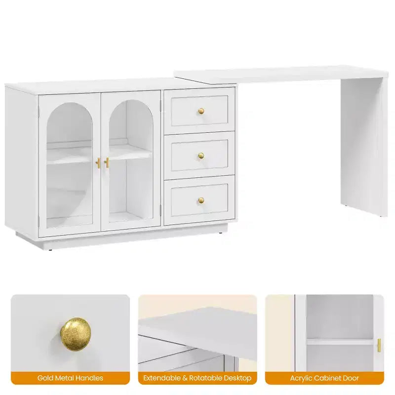 Coiffeuse de maquillage Heynemo, coiffeuse d'angle extensible avec 3 tiroirs et 2 portes, table de maquillage moderne pour chambre à coucher