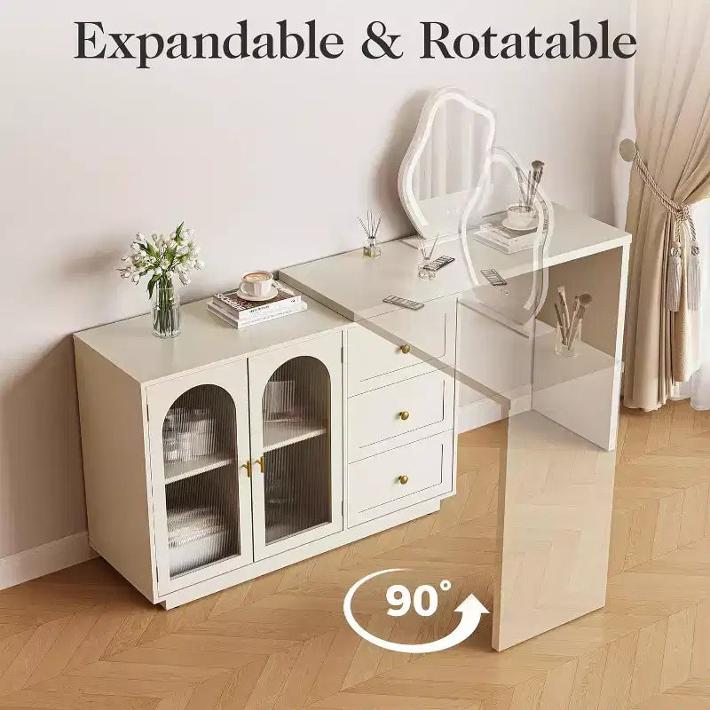 Coiffeuse de maquillage Heynemo, coiffeuse d'angle extensible avec 3 tiroirs et 2 portes, table de maquillage moderne pour chambre à coucher