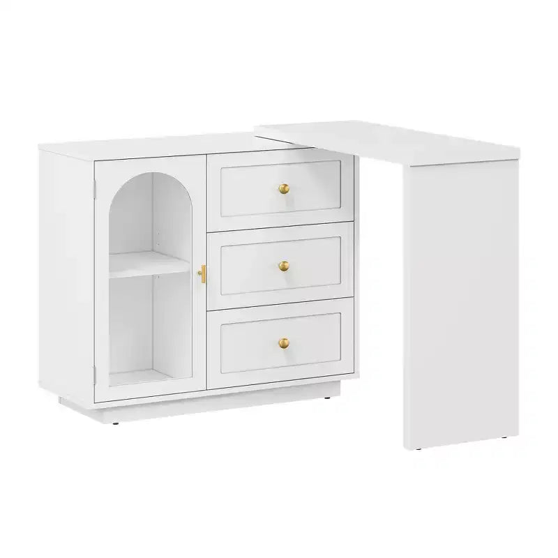 Coiffeuse de maquillage Heynemo, coiffeuse d'angle extensible avec 3 tiroirs et 2 portes, table de maquillage moderne pour chambre à coucher