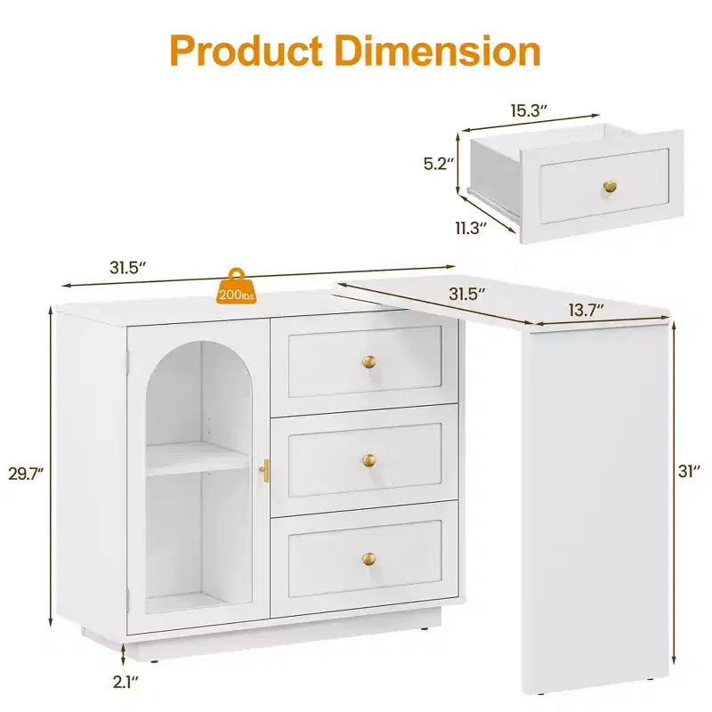 Coiffeuse de maquillage Heynemo, coiffeuse d'angle extensible avec 3 tiroirs et 2 portes, table de maquillage moderne pour chambre à coucher