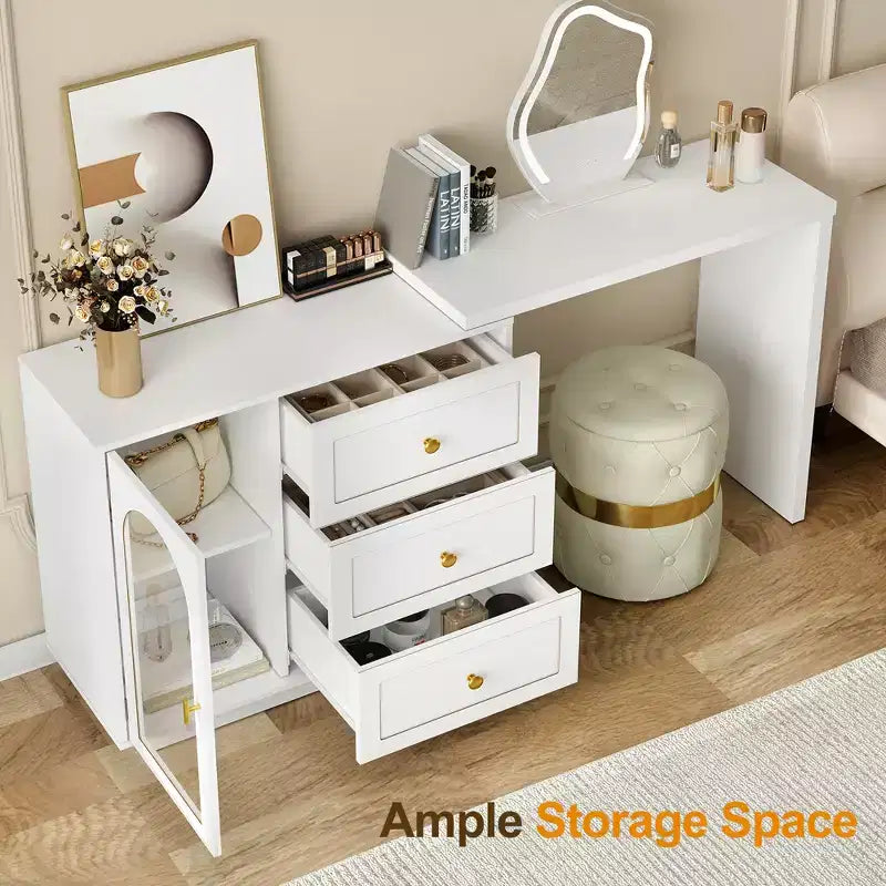 Coiffeuse de maquillage Heynemo, coiffeuse d'angle extensible avec 3 tiroirs et 2 portes, table de maquillage moderne pour chambre à coucher
