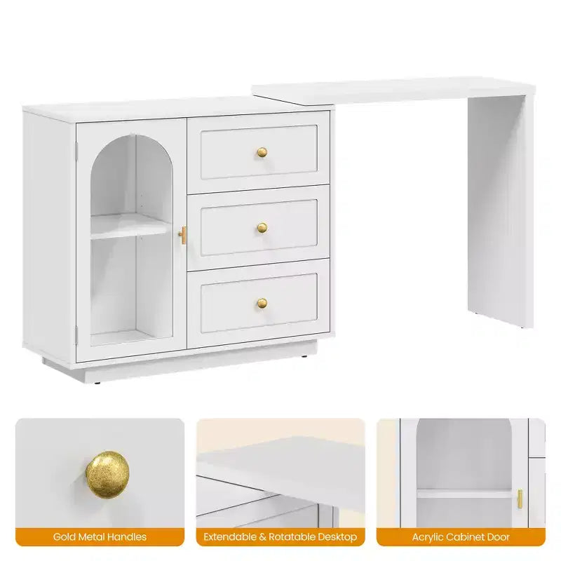 Coiffeuse de maquillage Heynemo, coiffeuse d'angle extensible avec 3 tiroirs et 2 portes, table de maquillage moderne pour chambre à coucher
