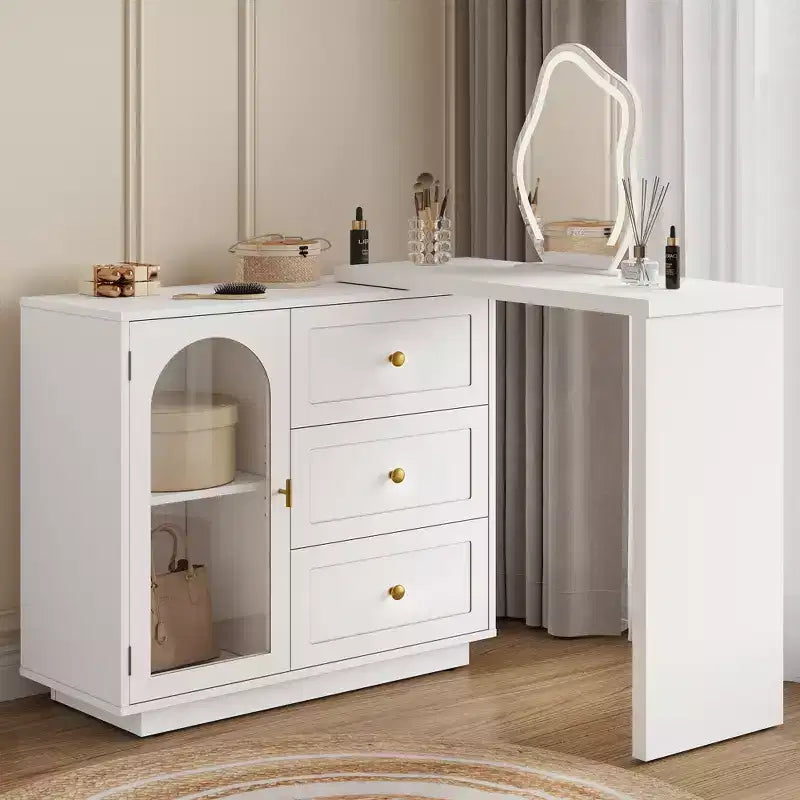 Coiffeuse de maquillage Heynemo, coiffeuse d'angle extensible avec 3 tiroirs et 2 portes, table de maquillage moderne pour chambre à coucher