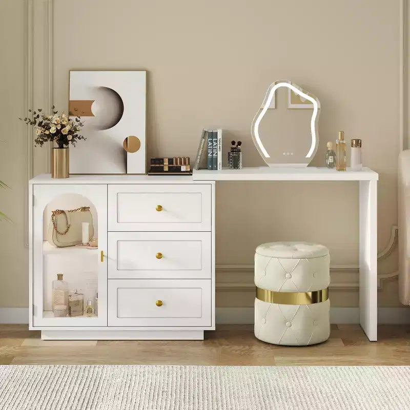 Coiffeuse de maquillage Heynemo, coiffeuse d'angle extensible avec 3 tiroirs et 2 portes, table de maquillage moderne pour chambre à coucher
