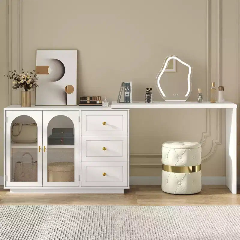 Coiffeuse de maquillage Heynemo, coiffeuse d'angle extensible avec 3 tiroirs et 2 portes, table de maquillage moderne pour chambre à coucher