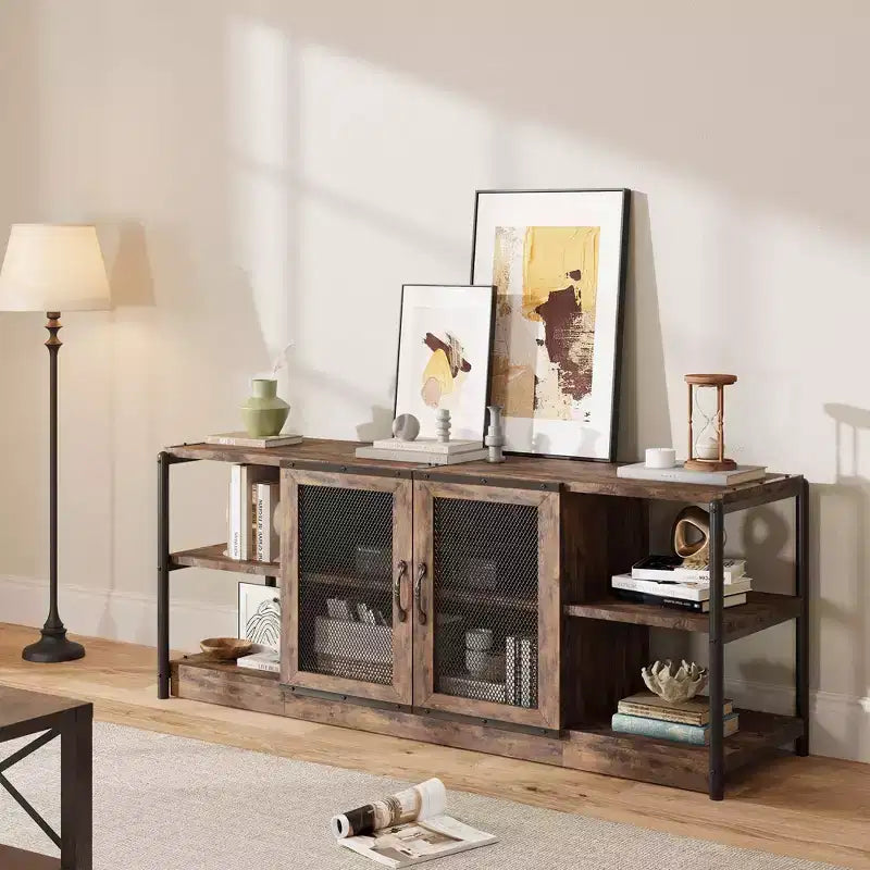 Meuble TV de ferme pour téléviseurs de 65/75 pouces, meuble de divertissement avec armoire de rangement et portes en maille, table de console multimédia TV industrielle