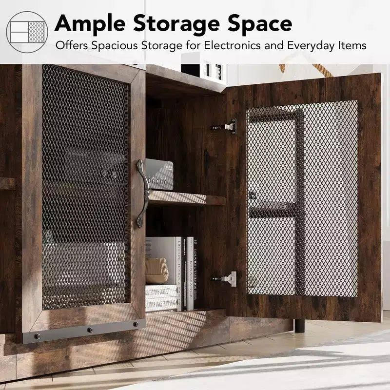 Meuble TV de ferme pour téléviseurs de 65/75 pouces, meuble de divertissement avec armoire de rangement et portes en maille, table de console multimédia TV industrielle