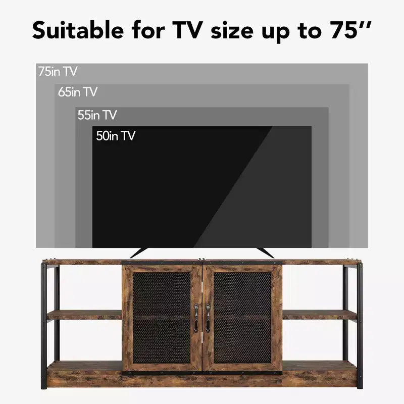 Meuble TV de ferme pour téléviseurs de 65/75 pouces, meuble de divertissement avec armoire de rangement et portes en maille, table de console multimédia TV industrielle