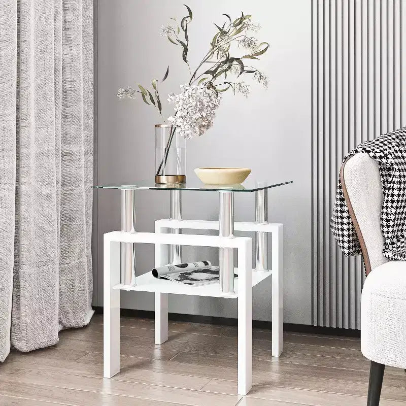 MAYEERTY Table d'appoint moderne en verre trempé, table d'appoint carrée pour salon ou chambre à coucher, transparente
