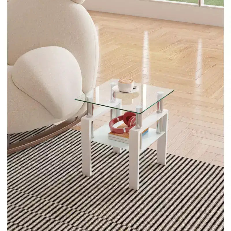 MAYEERTY Table d'appoint moderne en verre trempé, table d'appoint carrée pour salon ou chambre à coucher, transparente