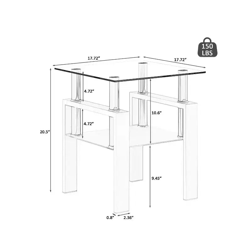 MAYEERTY Table d'appoint moderne en verre trempé, table d'appoint carrée pour salon ou chambre à coucher, transparente