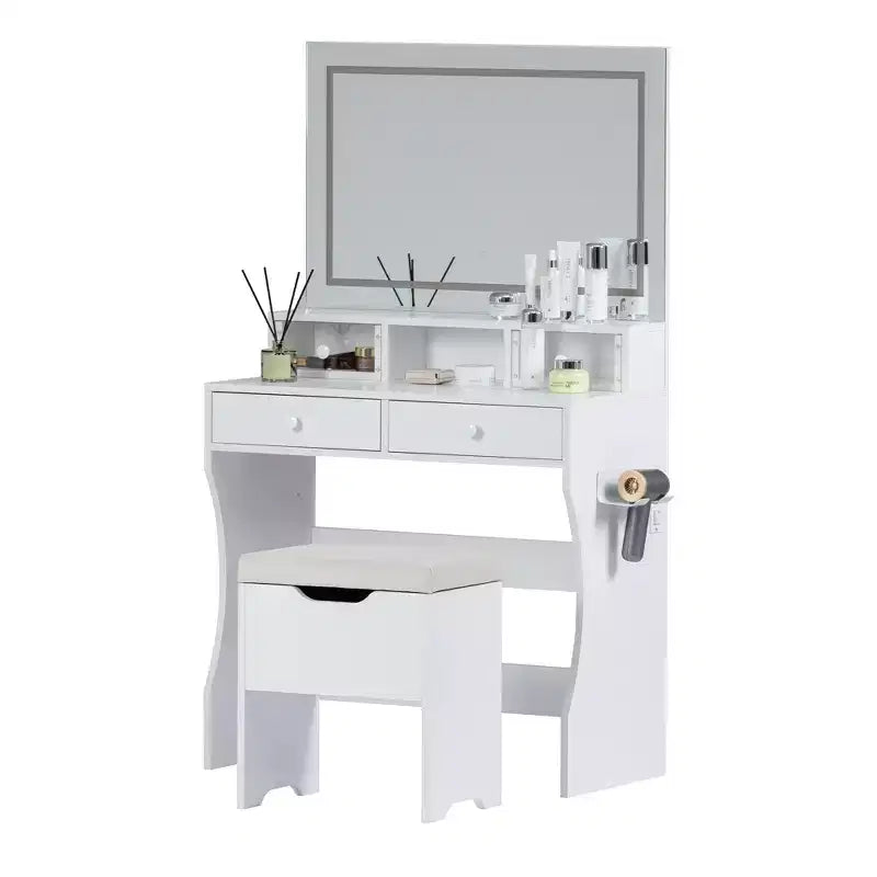 VECELO Vanity Desk with LED Lighted Mirror & Power Outlet, Makeup Table with 4 Drawers & Storage Stool, Adjustable 3 Lighting Modes for Bedroom