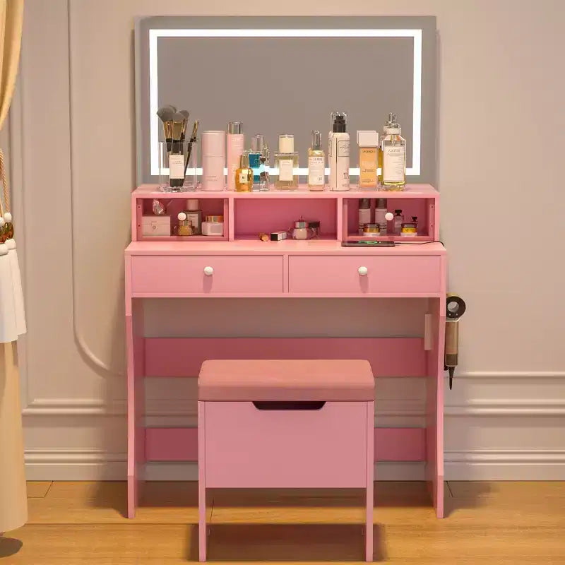 VECELO Coiffeuse avec Miroir Lumineux LED et Prise Électrique, Table de Maquillage avec 4 Tiroirs et Tabouret de Rangement, 3 Modes d'Éclairage Réglables pour Chambre à Coucher