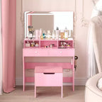 VECELO Coiffeuse avec Miroir Lumineux LED et Prise Électrique, Table de Maquillage avec 4 Tiroirs et Tabouret de Rangement, 3 Modes d'Éclairage Réglables pour Chambre à Coucher