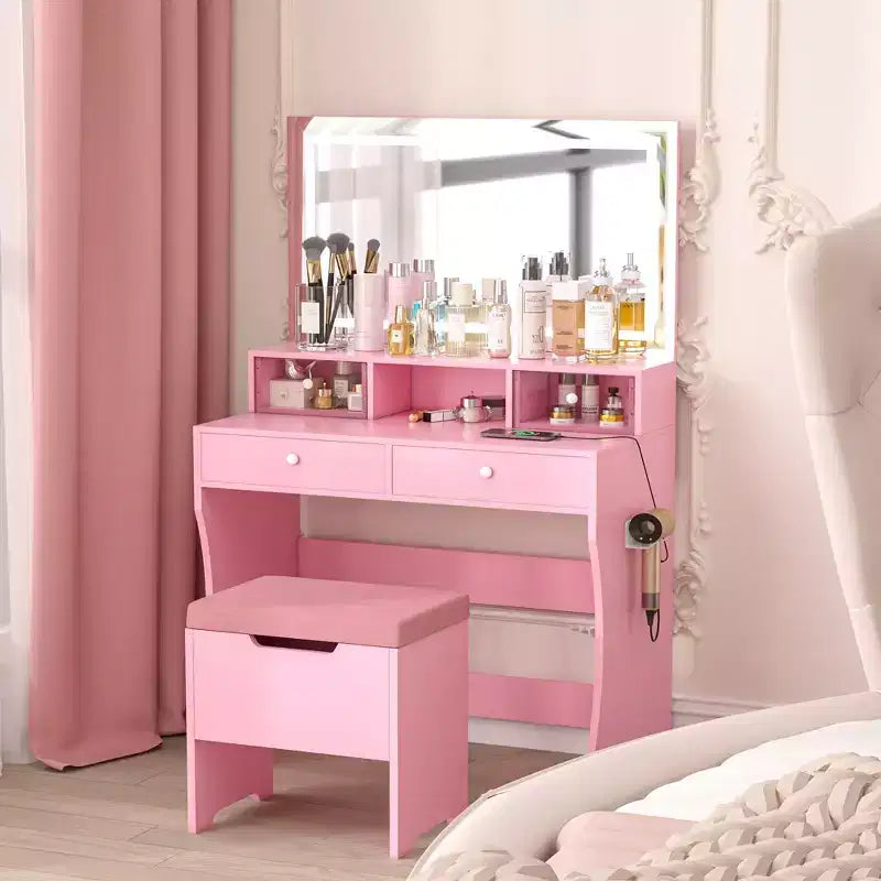 VECELO Coiffeuse avec Miroir Lumineux LED et Prise Électrique, Table de Maquillage avec 4 Tiroirs et Tabouret de Rangement, 3 Modes d'Éclairage Réglables pour Chambre à Coucher