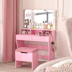 VECELO Coiffeuse avec Miroir Lumineux LED et Prise Électrique, Table de Maquillage avec 4 Tiroirs et Tabouret de Rangement, 3 Modes d'Éclairage Réglables pour Chambre à Coucher
