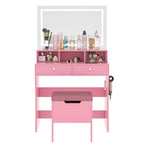 VECELO Coiffeuse avec Miroir Lumineux LED et Prise Électrique, Table de Maquillage avec 4 Tiroirs et Tabouret de Rangement, 3 Modes d'Éclairage Réglables pour Chambre à Coucher