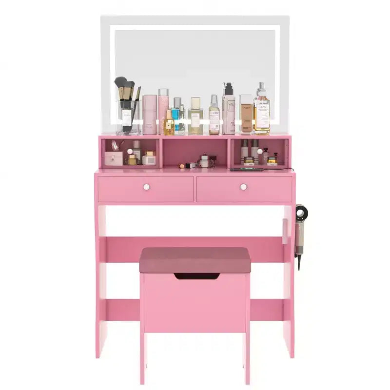 VECELO Coiffeuse avec Miroir Lumineux LED et Prise Électrique, Table de Maquillage avec 4 Tiroirs et Tabouret de Rangement, 3 Modes d'Éclairage Réglables pour Chambre à Coucher