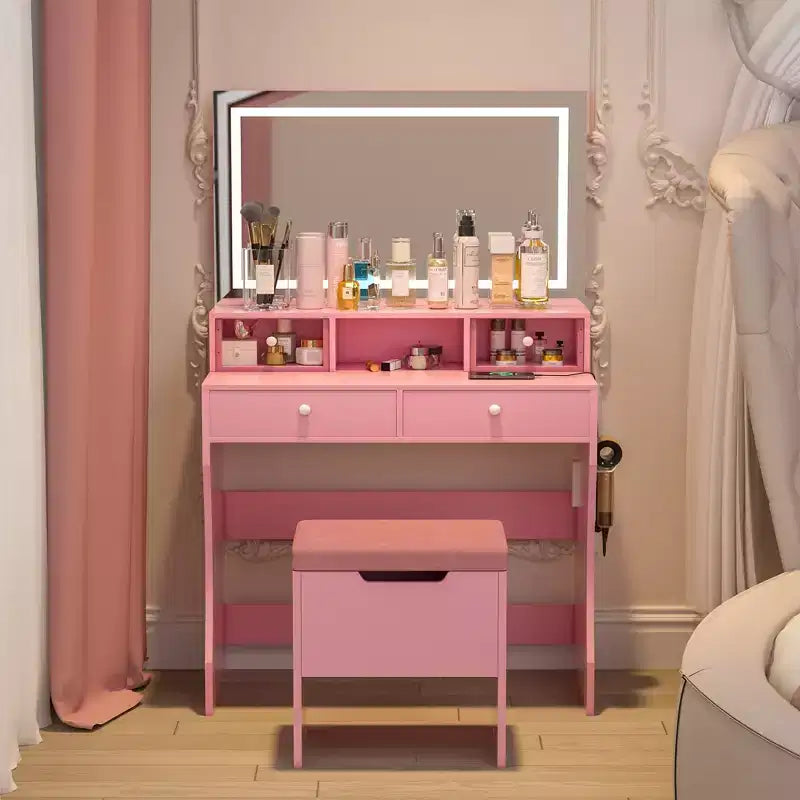 VECELO Coiffeuse avec Miroir Lumineux LED et Prise Électrique, Table de Maquillage avec 4 Tiroirs et Tabouret de Rangement, 3 Modes d'Éclairage Réglables pour Chambre à Coucher