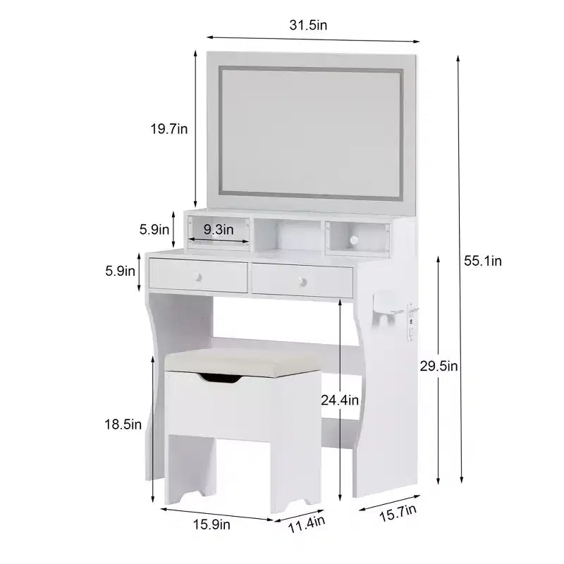VECELO Coiffeuse avec Miroir Lumineux LED et Prise Électrique, Table de Maquillage avec 4 Tiroirs et Tabouret de Rangement, 3 Modes d'Éclairage Réglables pour Chambre à Coucher