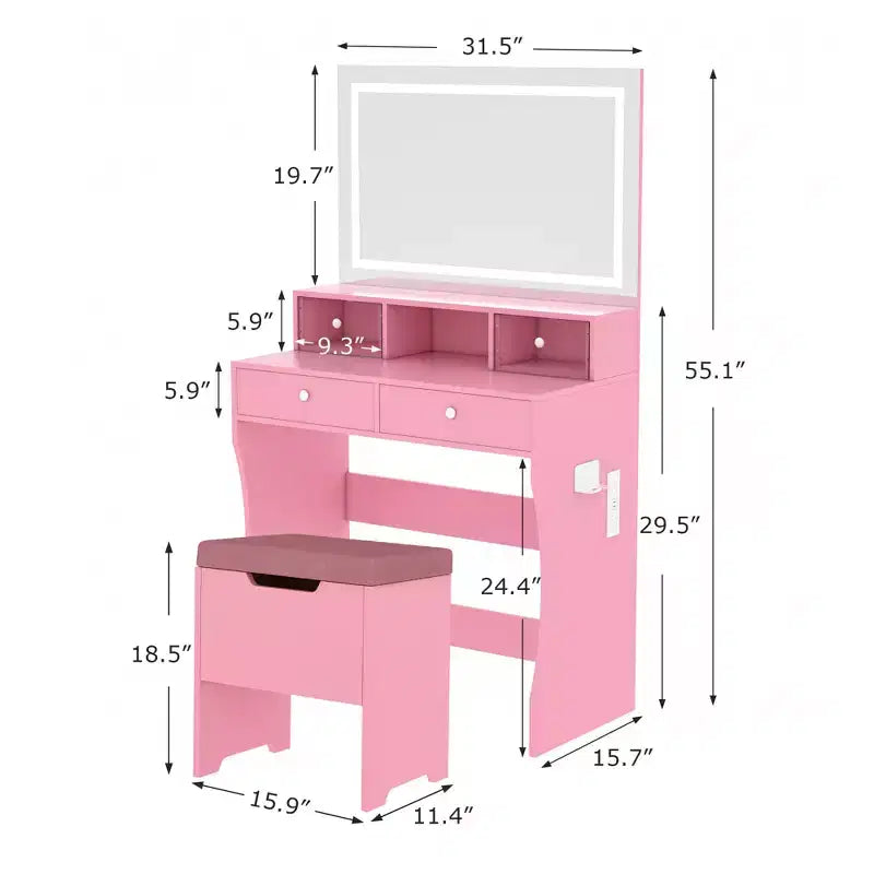 VECELO Coiffeuse avec Miroir Lumineux LED et Prise Électrique, Table de Maquillage avec 4 Tiroirs et Tabouret de Rangement, 3 Modes d'Éclairage Réglables pour Chambre à Coucher