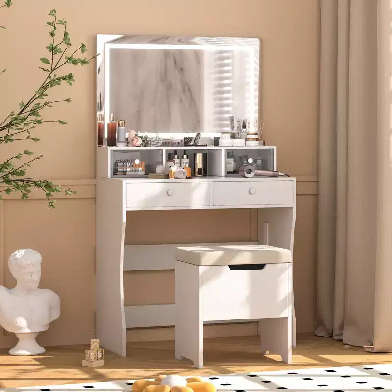 VECELO Coiffeuse avec Miroir Lumineux LED et Prise Électrique, Table de Maquillage avec 4 Tiroirs et Tabouret de Rangement, 3 Modes d'Éclairage Réglables pour Chambre à Coucher