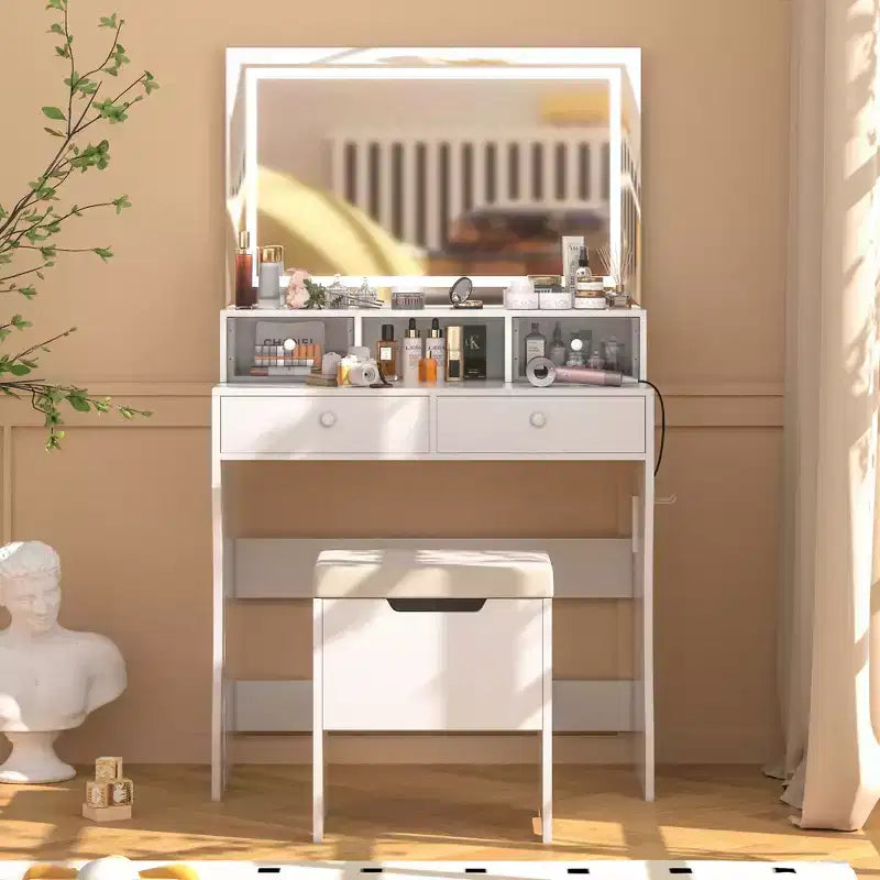 VECELO Coiffeuse avec Miroir Lumineux LED et Prise Électrique, Table de Maquillage avec 4 Tiroirs et Tabouret de Rangement, 3 Modes d'Éclairage Réglables pour Chambre à Coucher