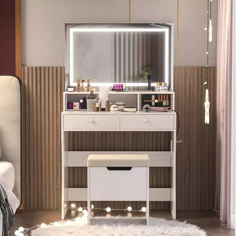 VECELO Coiffeuse avec Miroir Lumineux LED et Prise Électrique, Table de Maquillage avec 4 Tiroirs et Tabouret de Rangement, 3 Modes d'Éclairage Réglables pour Chambre à Coucher
