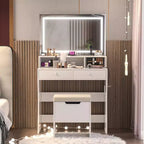 VECELO Coiffeuse avec Miroir Lumineux LED et Prise Électrique, Table de Maquillage avec 4 Tiroirs et Tabouret de Rangement, 3 Modes d'Éclairage Réglables pour Chambre à Coucher