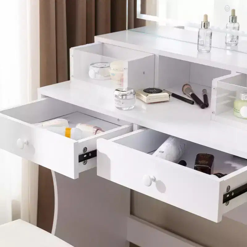 VECELO Coiffeuse avec Miroir Lumineux LED et Prise Électrique, Table de Maquillage avec 4 Tiroirs et Tabouret de Rangement, 3 Modes d'Éclairage Réglables pour Chambre à Coucher