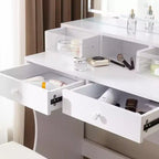 VECELO Coiffeuse avec Miroir Lumineux LED et Prise Électrique, Table de Maquillage avec 4 Tiroirs et Tabouret de Rangement, 3 Modes d'Éclairage Réglables pour Chambre à Coucher