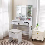 VECELO Coiffeuse avec Miroir Lumineux LED et Prise Électrique, Table de Maquillage avec 4 Tiroirs et Tabouret de Rangement, 3 Modes d'Éclairage Réglables pour Chambre à Coucher